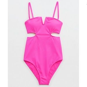 Aerie Shine Pique V Wire Cut Out One Piece Swimsuit Neon Pink Size L NWT